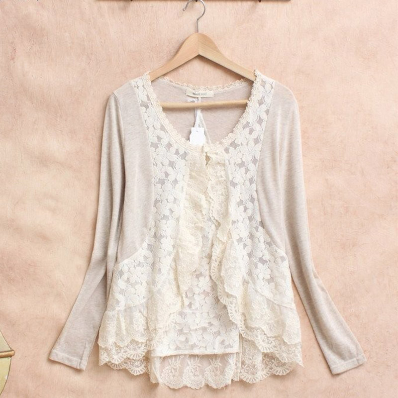 Embroidery Jersey - ฤดูใบไม้ผลิสาวMoriหวานเสื้อผู้หญิงถักโครเชต์ลูกไม้Ruffleน่ารักยาวแขนเสื้อปักเย็บปักถักร้อยผ้าลินินหญิงBlusasเสื้อU053