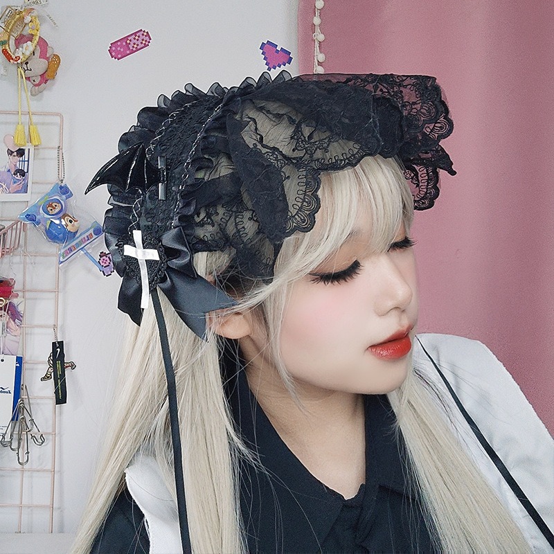 Embroidery Gothic - คอสเพลย์อะนิเมะ Gothic Lolita แม่บ้านลูกไม้แถบคาดศีรษะผู้หญิง Ruffles ลูกไม้ดอกไม้เย็บปักถักร้อย