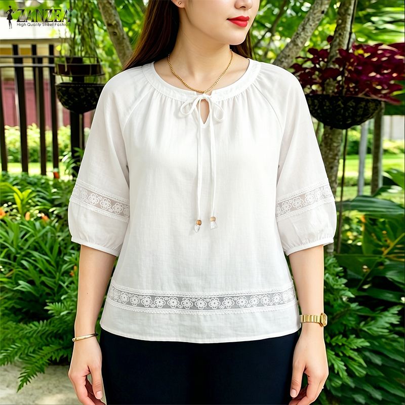 Embroidery Jersey - เสื้อผู้หญิง ZANZEA ลายปักดอกไม้ เสื้อเบลาส์ลูกไม้ปะติดสำหรับฤดูใบไม้ร่วง คอผูกโบว์ แขนสามส่วนทรงโคมไฟ