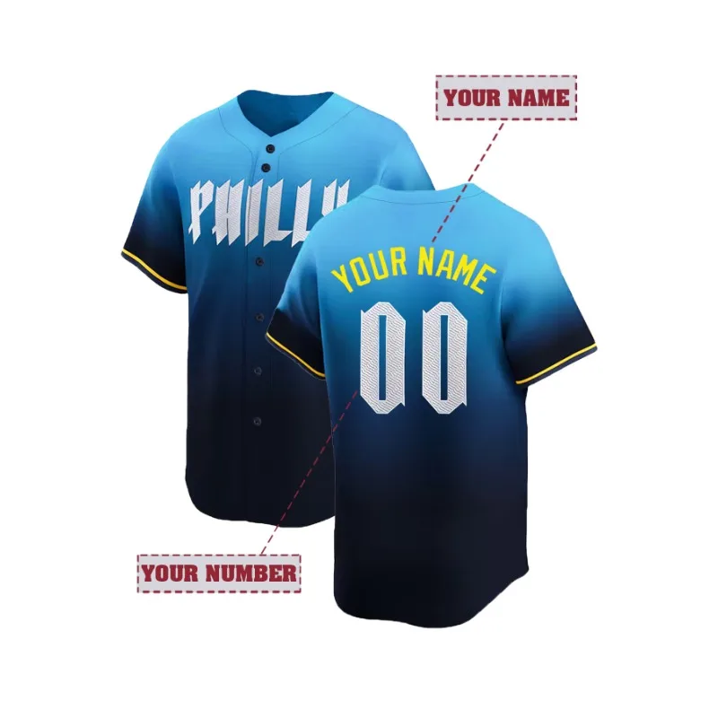 Embroidery Jersey - ที่กําหนดเองชื่อและหมายเลขผู้ชายเย็บปักถักร้อยเบสบอล Philadelphia Gradient ส่วนบุคคลแขนสั้นปุ่มลงเสื้อ