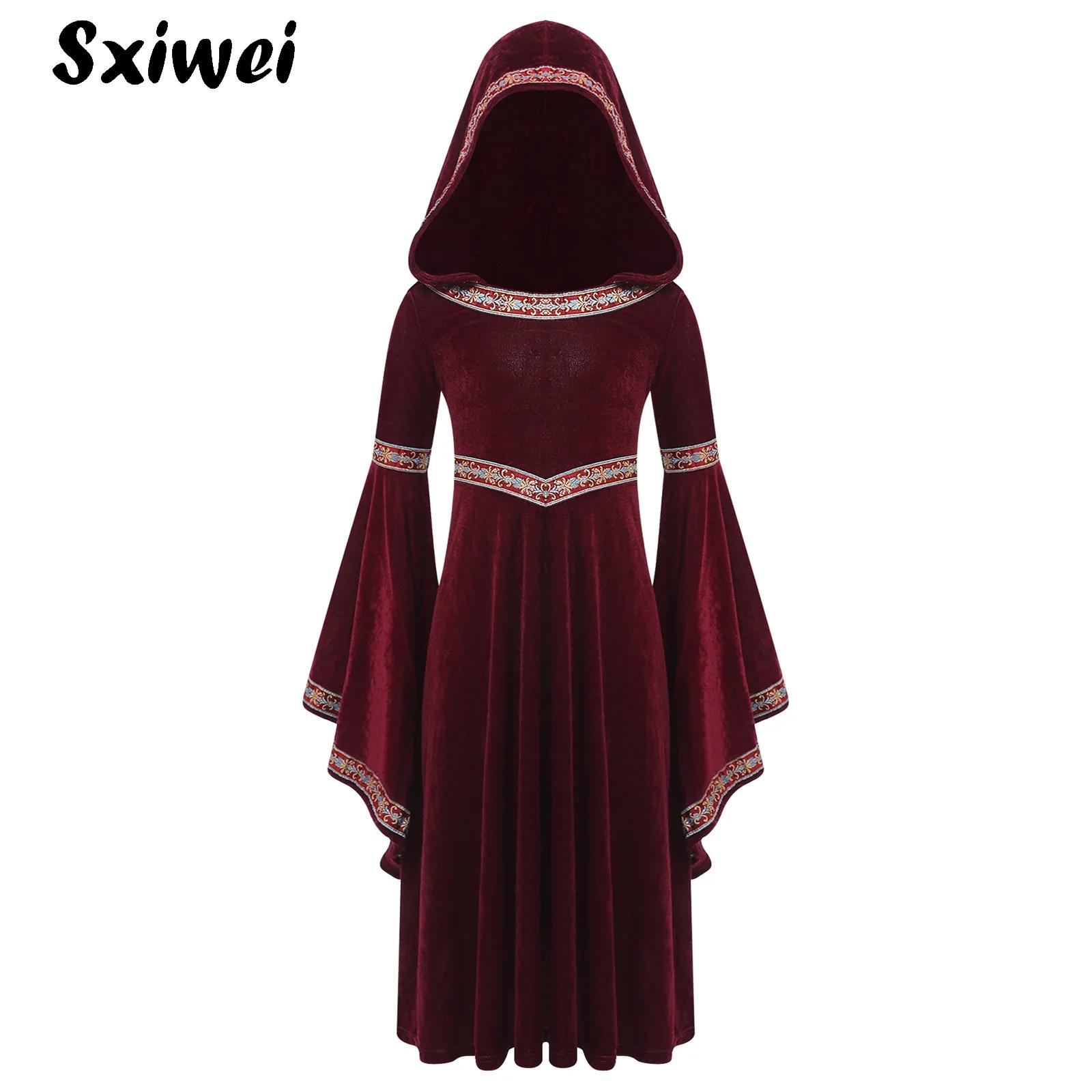 Embroidery Gothic - ชุดเจ้าหญิงยุคกลางแบบมีฮู้ดสำหรับเด็กผู้หญิง ชุดเดรสยาวสไตล์เรเนซองส์ ชุดคอสเพลย์แม่มดแบบกอธิค เสื้อคลุมกำมะหยี่ ชุดแฟนซีสำหรับงานฮาโลวีนและงานคาร์นิวัล