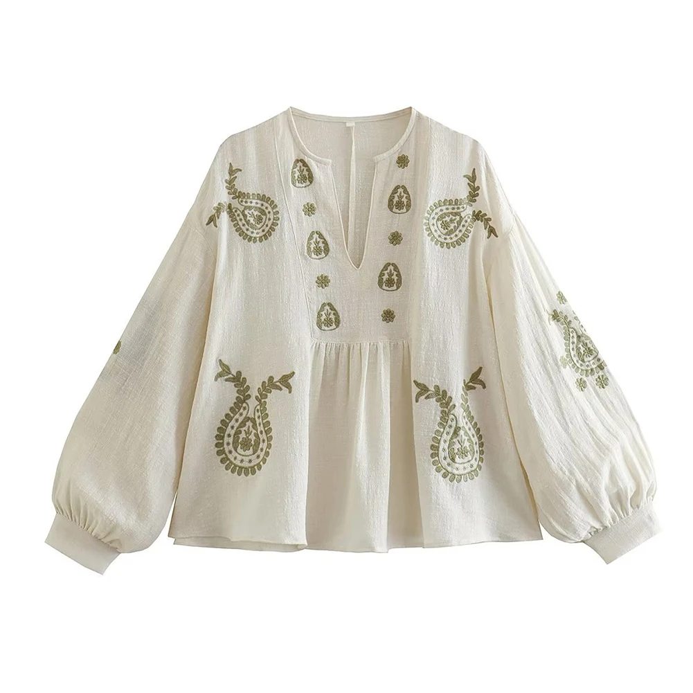 Embroidery On Shirt - สตรีใหม่หลวมผ้าฝ้ายเย็บปักถักร้อยเสื้อแขนยาวหรูหรา