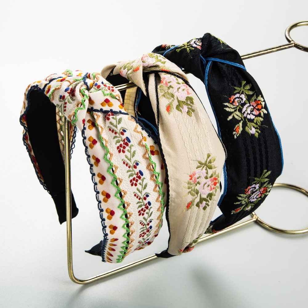 Embroidery Knot - ที่คาดผมสไตล์เรโทรใหม่สุดฮิตสำหรับผู้หญิง ผ้าปักลายดอกไม้คุณภาพสูง ที่คาดผมแบบผูกปม เครื่องประดับผม ขายส่ง
