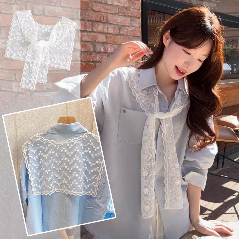 Embroidery On Shirt - ผ้าคลุมไหล่ลูกไม้ฝรั่งเศสสำหรับผู้หญิง ดีไซน์หรูหรา ลายฉลุปักดอกไม้ ปลอกคอเสื้อแบบปลอม ผ้าคลุมกันแดดสำหรับฤดูร้อน