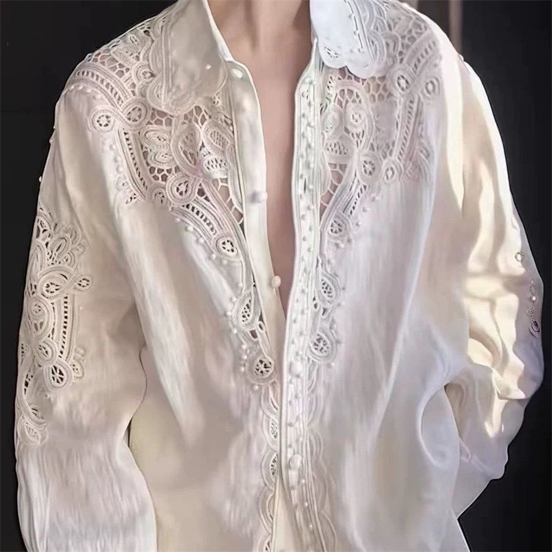 Embroidery On Shirt - เสื้อเชิ้ตสีขาวสไตล์ดีไซเนอร์สำหรับผู้หญิง ระดับไฮเอนด์ หรูหรา แบบโปร่ง คอลเลคชั่นใหม่ ฤดูใบไม้ผลิ/ฤดูร้อน