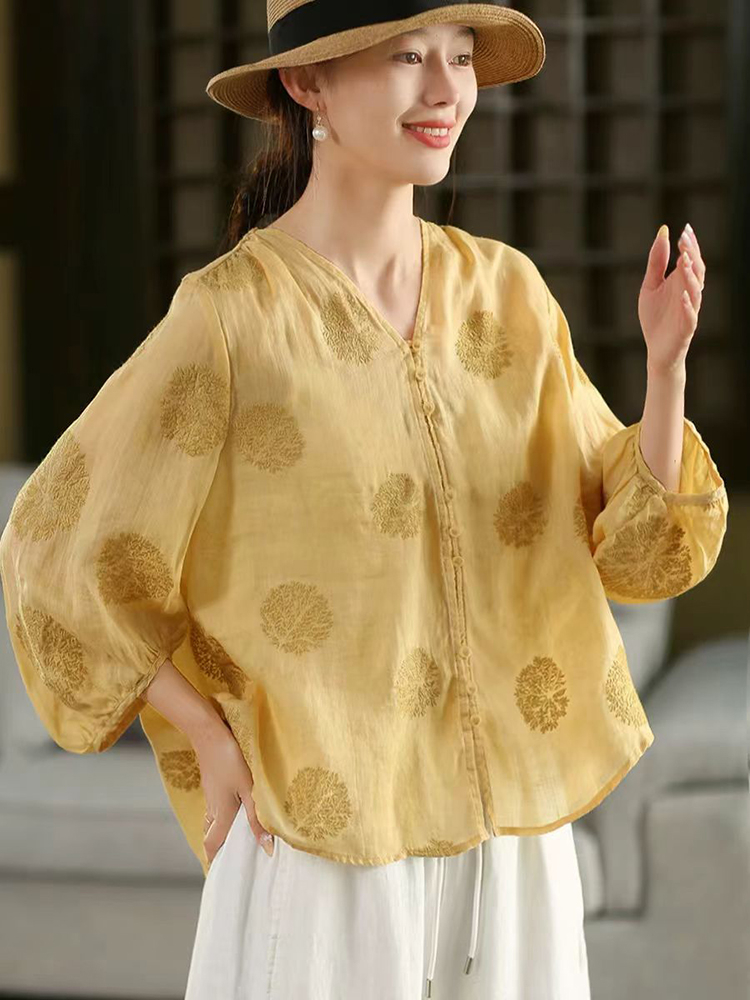 Embroidery Jersey - 100% Ramie ผู้หญิงเสื้อลําลอง New Arival 2025