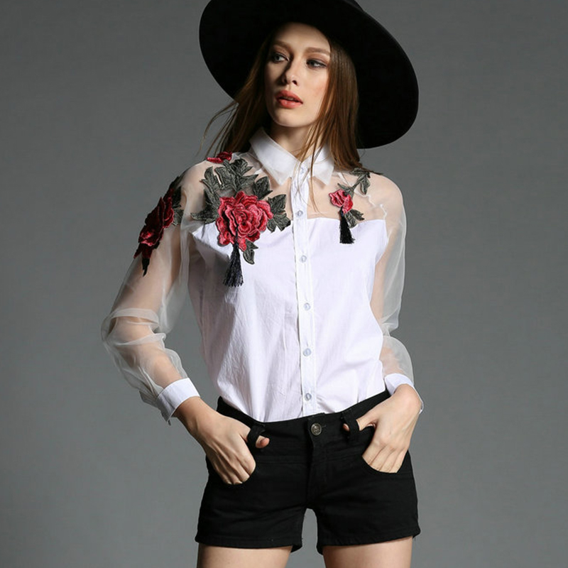 Embroidery Jersey - เสื้อชีฟองปักลายดอกไม้แฟชั่นผู้หญิง แขนยาว ผ้าตาข่ายโปร่ง สีขาว ไซส์ใหญ่