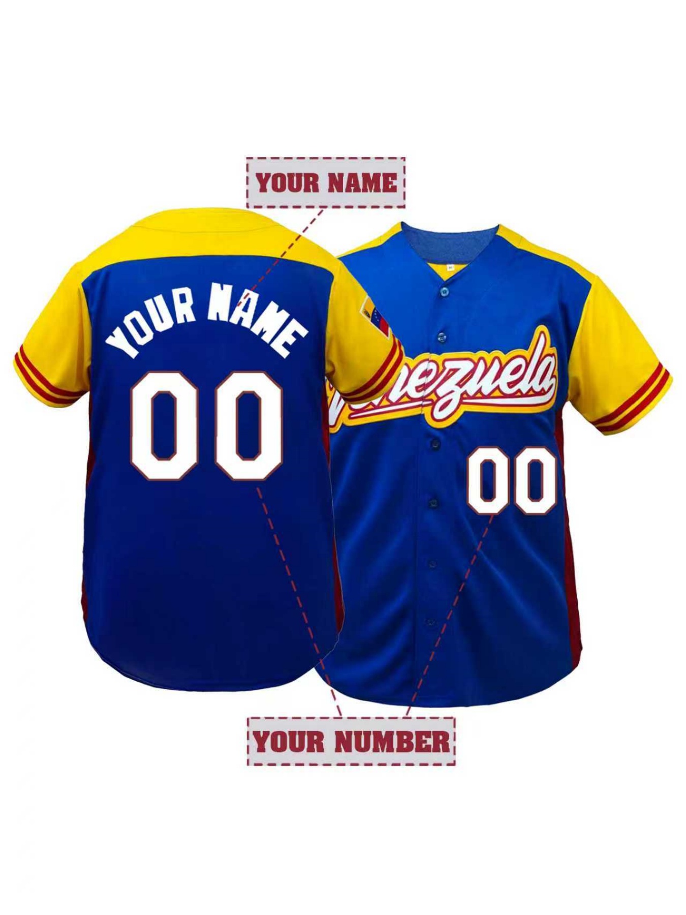 Embroidery Jersey - เสื้อเบสบอลผู้ชายแบบสั่งทำพิเศษ ปักชื่อและหมายเลข ประเทศเวเนซุเอลา แขนสั้น ดีไซน์เองได้ ชุดลำลอง