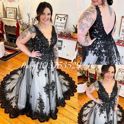 Embroidery Gothic - Gothic V คอชุดแต่งงานสีดําสีขาวปักเม็กซิกันเจ้าสาวสาย Couture ยาวอย่างเป็นทางการ vestidos