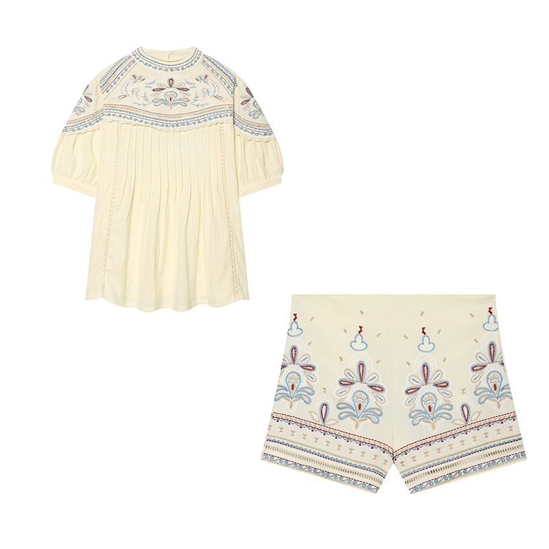 Embroidery On Shirt - วิลเชลาแฟชั่นผู้หญิง 2 ชิ้นชุดเสื้อยืดปักลาย & กางเกงขาสั้นมินิซิปด้านข้างสไตล์วินเทจหญิงชิคเลดี้ชุดกางเกงขาสั้น