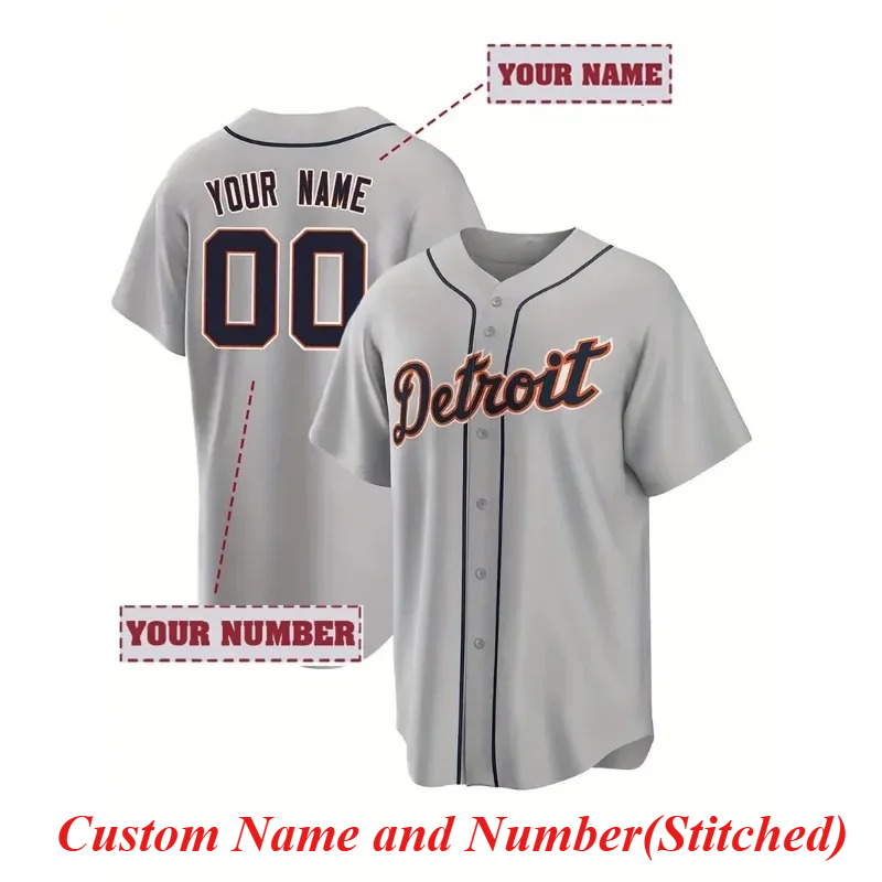 Embroidery Jersey - ที่กําหนดเองชื่อและหมายเลขผู้ชายเย็บปักถักร้อยเบสบอลดีทรอยต์สีเทา V คอแขนสั้นปุ่มลง DIY เสื้อ