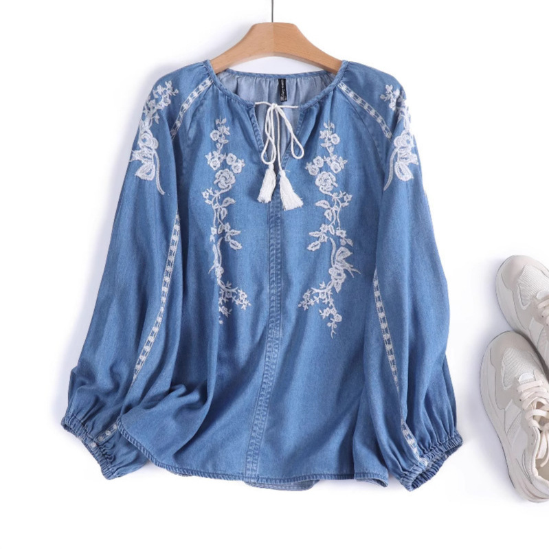 ผู้หญิง DENIM เสื้อด้านบนดอกไม - Embroidery On Shirt บทวิจารณ์และราคา