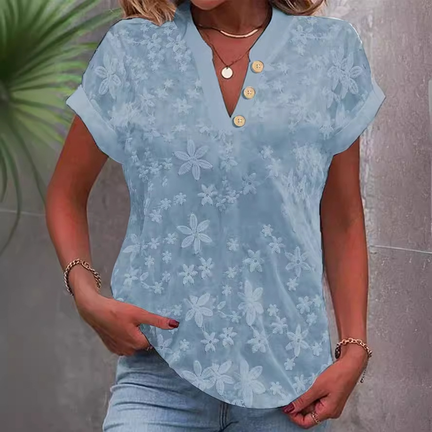 เสื้อผู้หญิงปักลายดอกไม้ คอวี  - Embroidery Jersey บทวิจารณ์และราคา