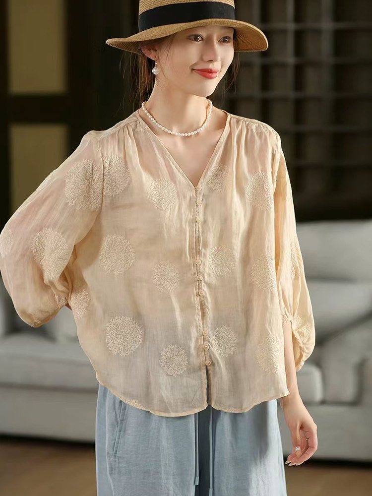 100% Ramie ผู้หญิงเสื้อลําลอง  - Embroidery Jersey บทวิจารณ์และราคา