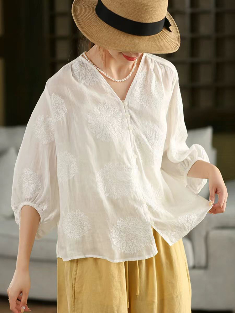 100% Ramie ผู้หญิงเสื้อลําลอง  - Embroidery Jersey บทวิจารณ์และราคา