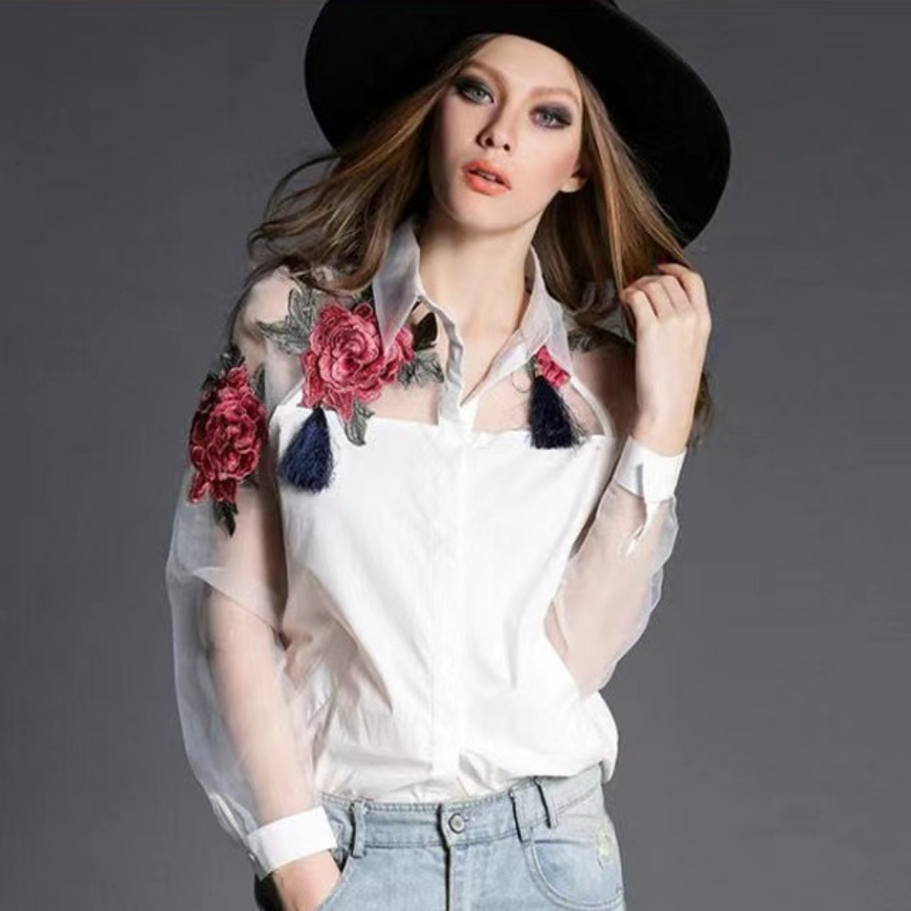 เสื้อชีฟองปักลายดอกไม้แฟชั่นผู - Embroidery Jersey บทวิจารณ์และราคา
