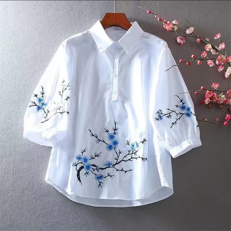 สีขาวปักเสื้อผู้หญิงเสื้อผ้าฝ้ - Embroidery On Shirt บทวิจารณ์และราคา